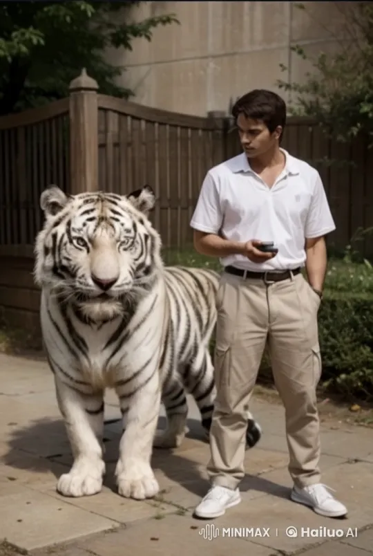 Man Walks with White Tiger in Serene Setting – AI Generated Video | Hailuo AI