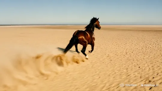 Powerful Horse Gallops Across Sunlit Shoreline – AI Generated Video | Hailuo AI