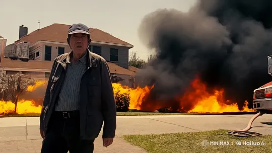 Man Amidst Chaos Watches Fire Destroy Homes – AI Generated Video | Hailuo AI