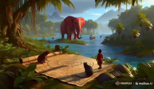 Red Elephant and Adventurers Explore Mysterious Jungle Map – AI Generated Video | Hailuo AI