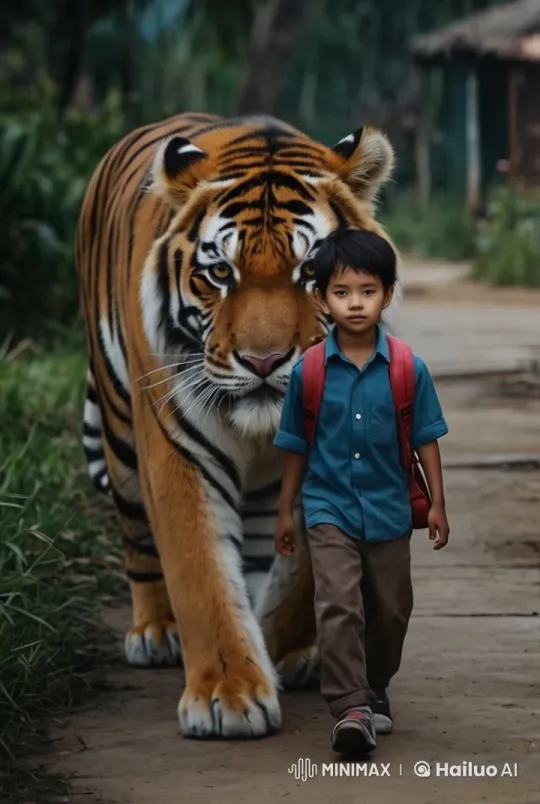 Boy and Majestic Tiger Walk Through Forest Path – AI Generated Video | Hailuo AI