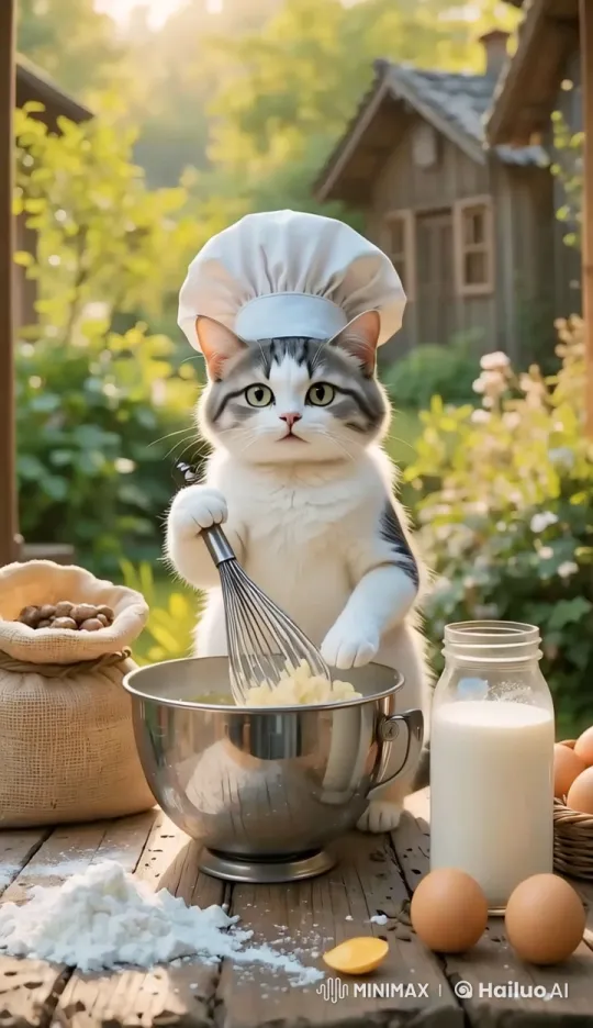 Cat Chef Whisking Ingredients Outdoors – AI Generated Video | Hailuo AI