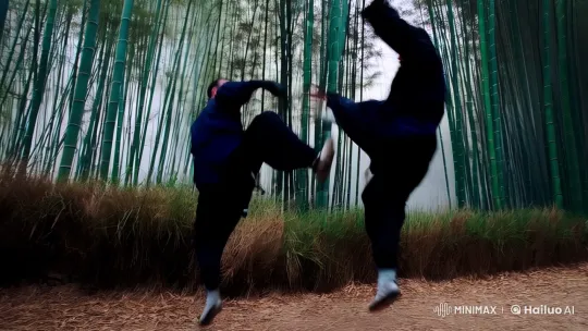 Kungfu Masters' Dynamic Battle in Bamboo Forest – AI Generated Video | Hailuo AI