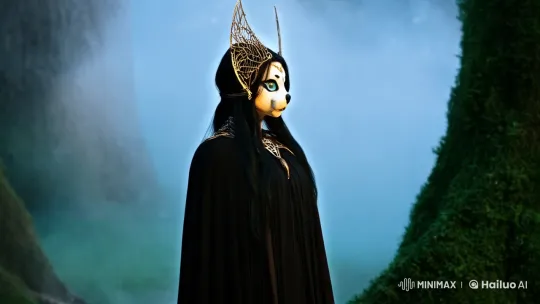 Mysterious Character Meets Majestic Wolf in Enchanted Forest – AI Generated Video | Hailuo AI