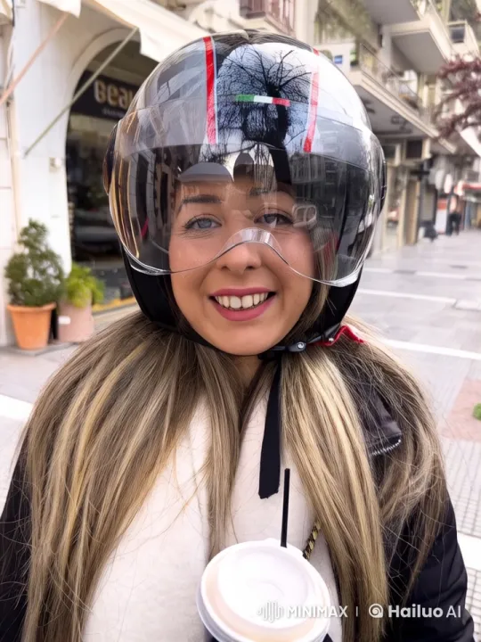 Young Woman with Motorcycle Helmet in Urban Setting – AI Generated Video | Hailuo AI