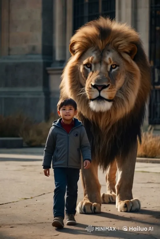 Boy Walks Confidently with Lion, Animated Interplay – AI Generated Video | Hailuo AI