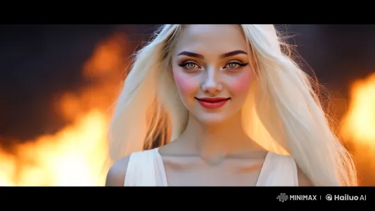 Young Woman in Serene Contrast with Fiery Surroundings – AI Generated Video | Hailuo AI