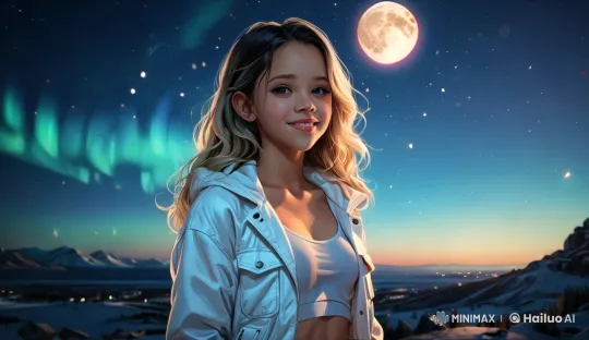 Twilight Serenity: Woman Amidst Winter's Northern Lights – AI Generated Video | Hailuo AI