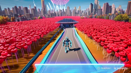 Retro-Futuristic Robot Race in Cybernetic Gym with Fireworks and Holograms – AI Generated Video | Hailuo AI