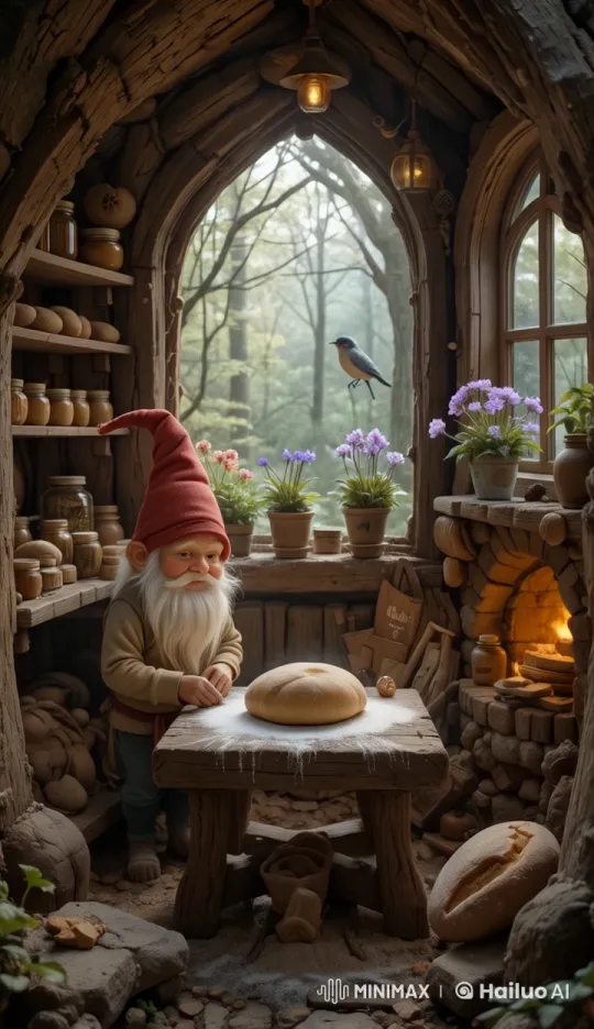 Enchanted Forest Kitchen: Gnome, Bread, and Cheerful Bird – AI Generated Video | Hailuo AI