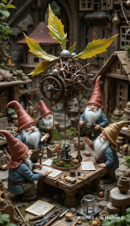 Gnomes Craft Magical Flying Machine in Rustic Village – AI Generated Video | Hailuo AI