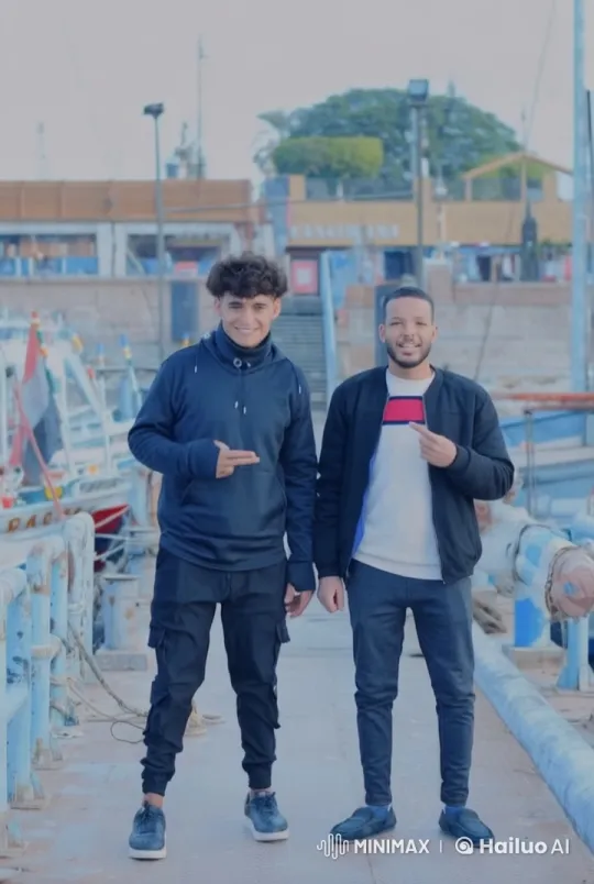 Two Men on Bridge Making Peace Signs with Animated Background – AI Generated Video | Hailuo AI