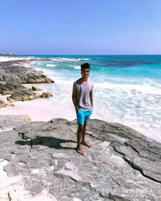 Young Man Dives into Turquoise Sea at Rocky Shore – AI Generated Video | Hailuo AI
