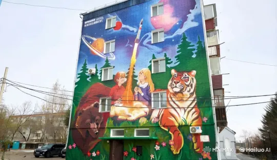 Vivid Mural: Children Launch Rocket Amidst Animated Animals and Space – AI Generated Video | Hailuo AI