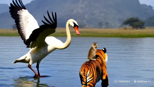 Giant Swan Deterred Predatory Tiger in Dramatic Encounter – AI Generated Video | Hailuo AI
