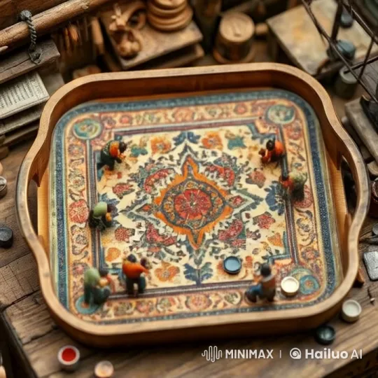 Miniature World: Vibrant Figurines on Ornate Tray – AI Generated Video | Hailuo AI