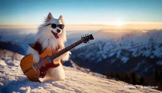 Energetic Puppy Plays Guitar on Snowy Mountain – AI Generated Video | Hailuo AI