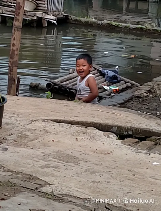 Boy Stands by Pond as Shark Glides Below in Animated Scene – AI Generated Video | Hailuo AI