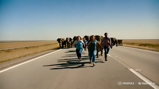 Highway Chase: People Flee Wild Elephants and Tigers – AI Generated Video | Hailuo AI