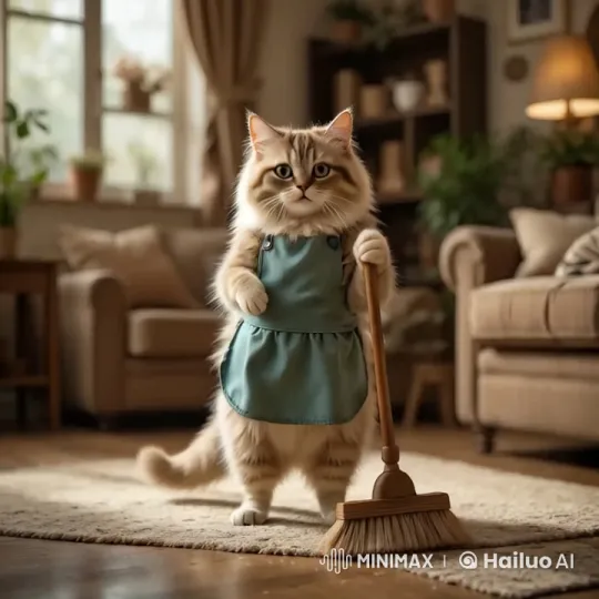 Fluffy Cat Performs Kungfu with Broom in Cozy Living Room – AI Generated Video | Hailuo AI