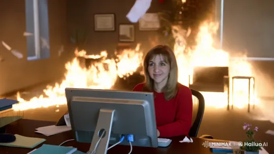 Woman Types Calmly Amidst Office Fire – AI Generated Video | Hailuo AI