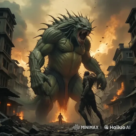 Colossal Mutant Monsters Battle in Post-Apocalyptic Cityscape – AI Generated Video | Hailuo AI