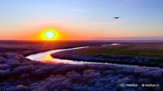 Dawn over the Russian Steppe with Jet and River – AI Generated Video | Hailuo AI