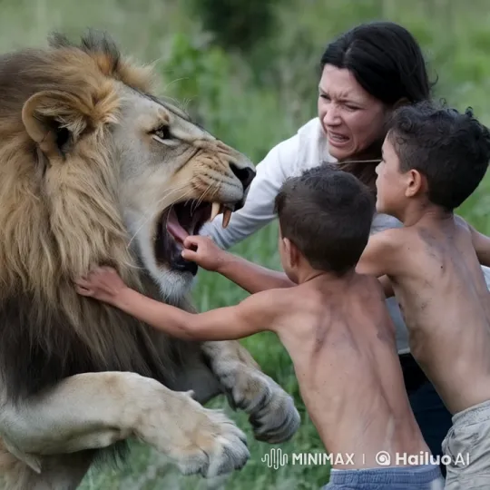 Lion Roars, Mother Protects Sons in Tense Encounter – AI Generated Video | Hailuo AI
