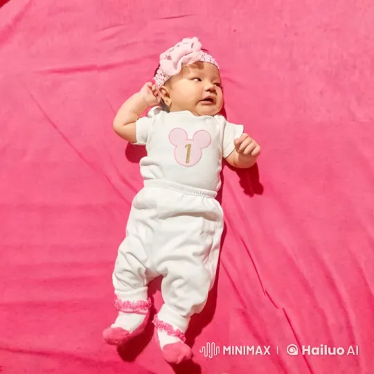 Baby in Mickey Onesie on Pink Blanket – AI Generated Video | Hailuo AI