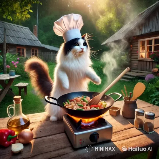 Tabby Cat Chef Cooks in Rustic Countryside Setting – AI Generated Video | Hailuo AI