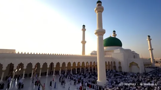 Aerial and Close-up Views of a Mosque with Worshipers – AI Generated Video | Hailuo AI