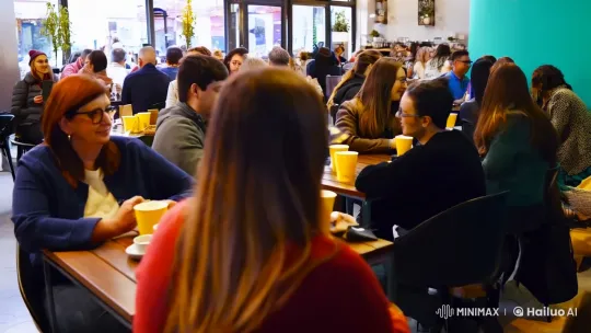 Vibrant Coffee Shop Atmosphere Captured in Dynamic Tracking Shot – AI Generated Video | Hailuo AI