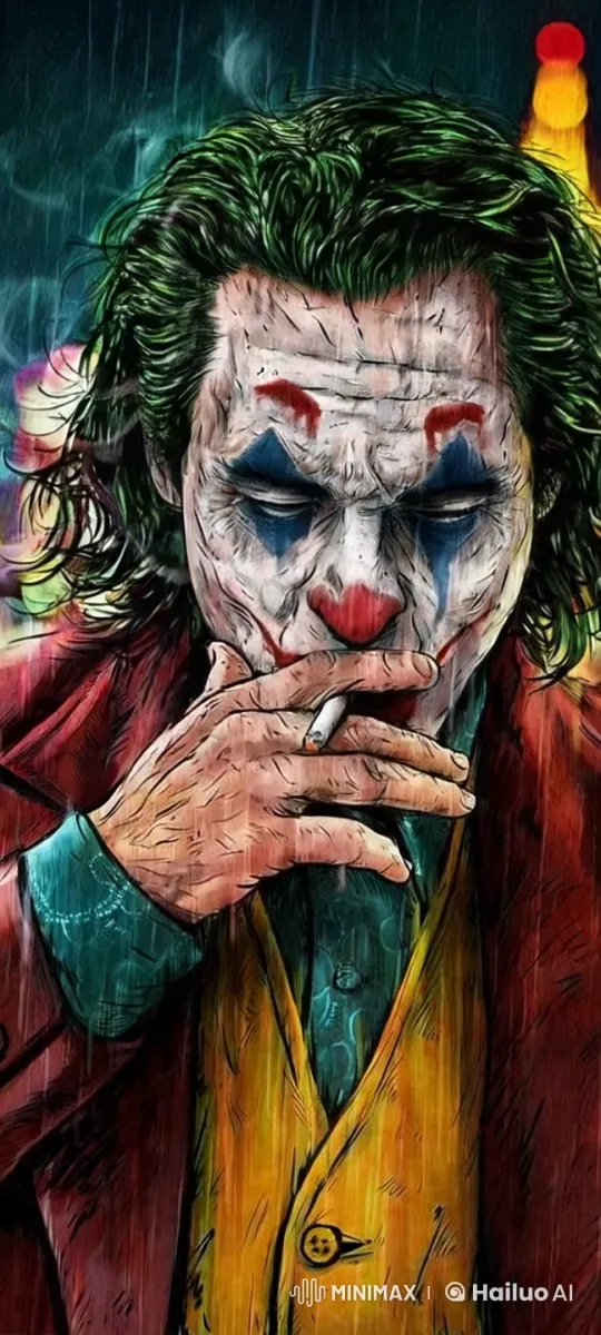 The Joker in the Rain: Fiery Background and Pensive Expression – AI Generated Video | Hailuo AI