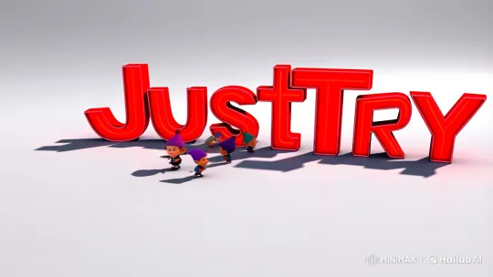 Vibrant 'JustTry' Letters with Frolicking Dwarfs on White Canvas – AI Generated Video | Hailuo AI