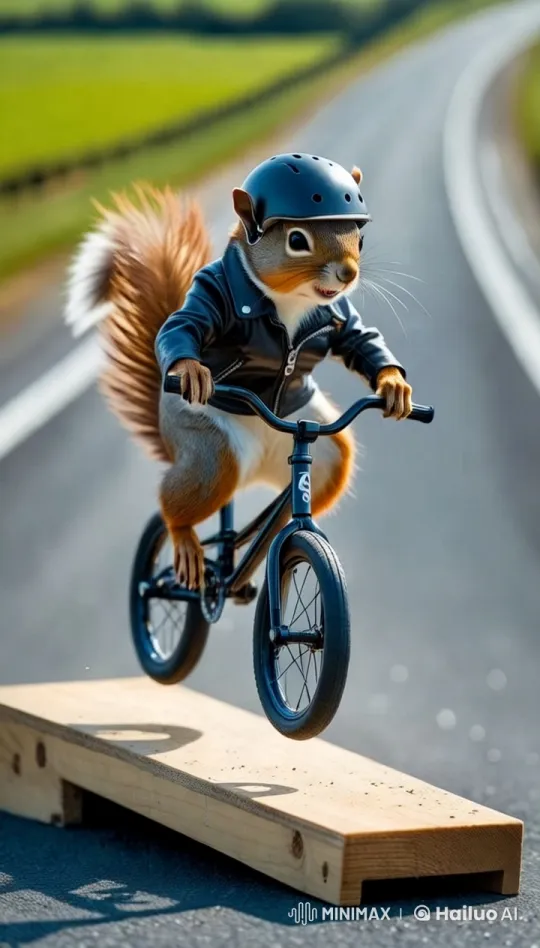 Cinematic Squirrel Stunt on Tiny Bicycle – AI Generated Video | Hailuo AI