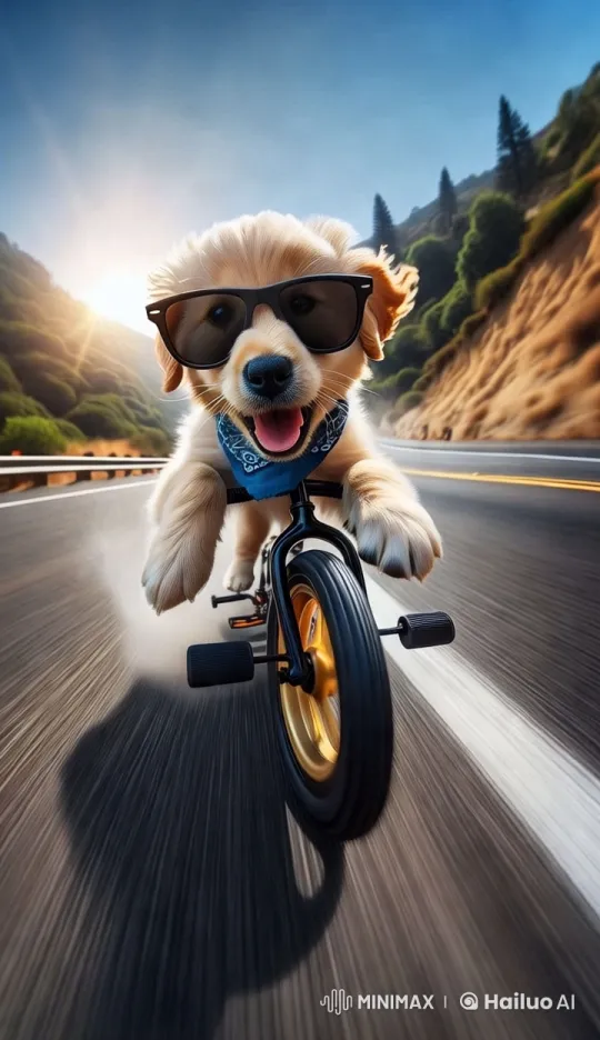 Golden Retriever Puppy Rides Tiny Bicycle Down Highway – AI Generated Video | Hailuo AI