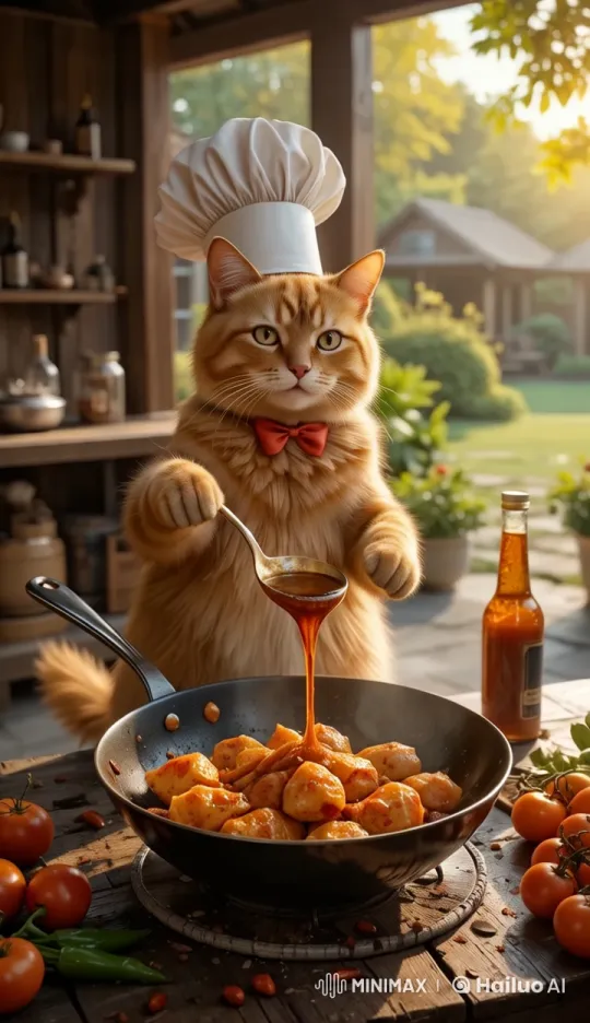 Cat Chef Preparing Chicken Dish with Sauce – AI Generated Video | Hailuo AI