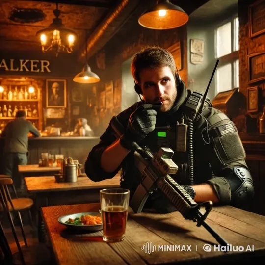 Contrast: Tactical Figure in Cozy Bar Setting – AI Generated Video | Hailuo AI