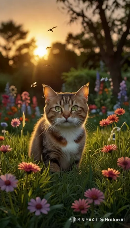 Sunset Serenity: Cat Amidst Blooming Garden – AI Generated Video | Hailuo AI