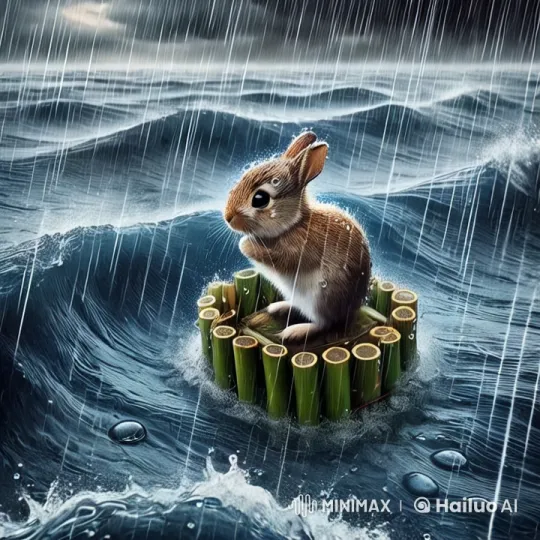 Rabbit on Bamboo Raft Braces Through Stormy Sea – AI Generated Video | Hailuo AI