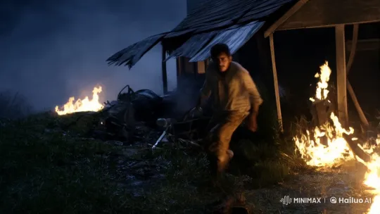 Young Man Navigates Haunted Ruins in Fiery Inferno – AI Generated Video | Hailuo AI