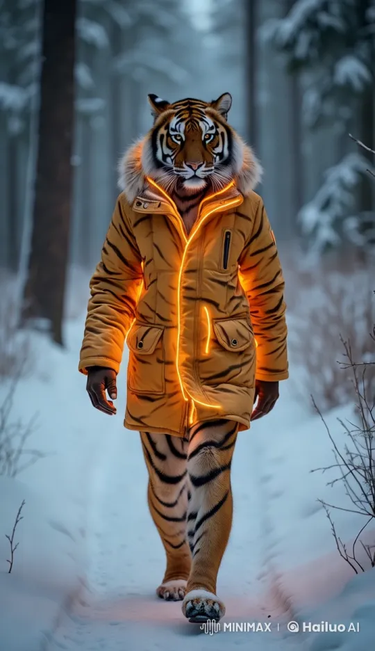 Surreal Tiger Fashion Show in Winter Jungle – AI Generated Video | Hailuo AI