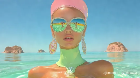 Elegant Woman in Turquoise Water with Sparkling Earrings – AI Generated Video | Hailuo AI
