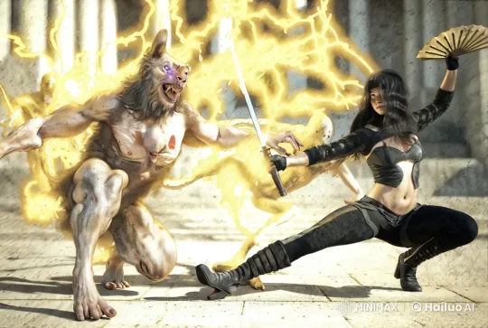 Warrior Woman Battles Demon Amidst Yellow Lightning – AI Generated Video | Hailuo AI