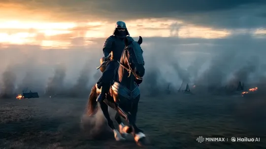 Ninja Warrior Charges into Sunset Battle on Warhorse – AI Generated Video | Hailuo AI