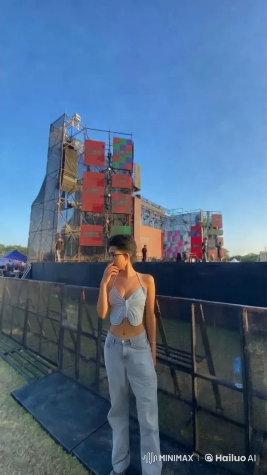 Young Woman Poses Confidently at Colorful Concert Stage – AI Generated Video | Hailuo AI