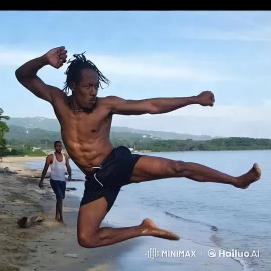 Athletic Kick on Serene Beach with Dynamic Camera Work – AI Generated Video | Hailuo AI