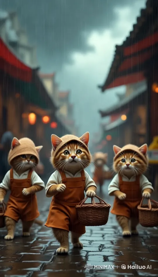 Anthropomorphic Cats Work in Rainy Market – AI Generated Video | Hailuo AI