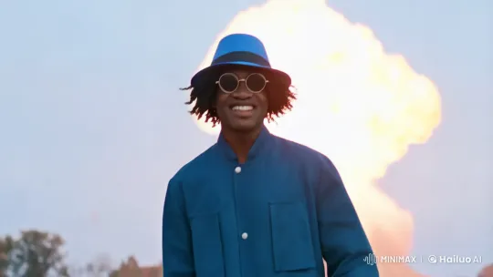 Confident Man Walks Calmly Amidst Dramatic Explosion – AI Generated Video | Hailuo AI