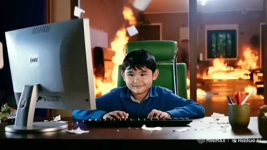 Boy Calmly Types Amidst Office Inferno – AI Generated Video | Hailuo AI